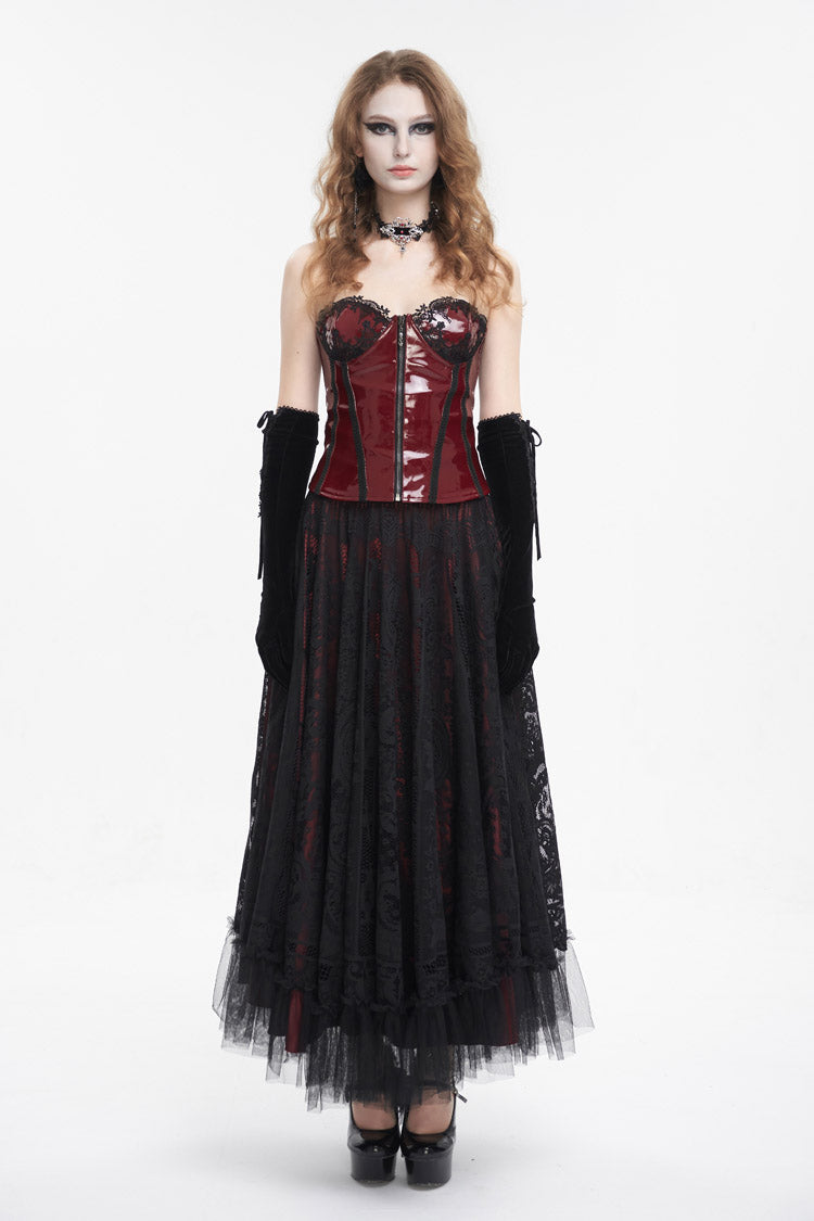 Crimson Lace Splice Patent Leather Punk Overbust Corset