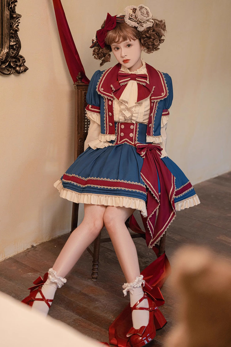 Patriotic Star Round Collar Ruffled Sweet Lolita Skirt Set - Red White Blue
