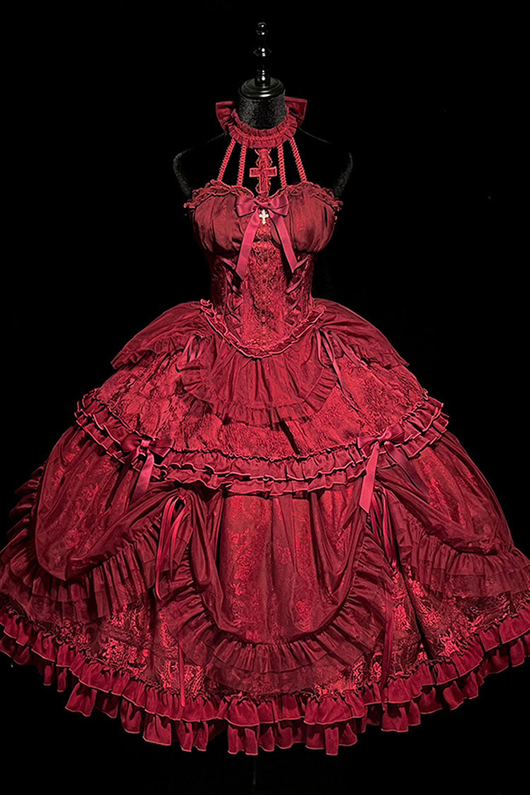 Wine Red Cross Halterneck Lace-Up Gothic Lolita Dress - Princess Ruffled