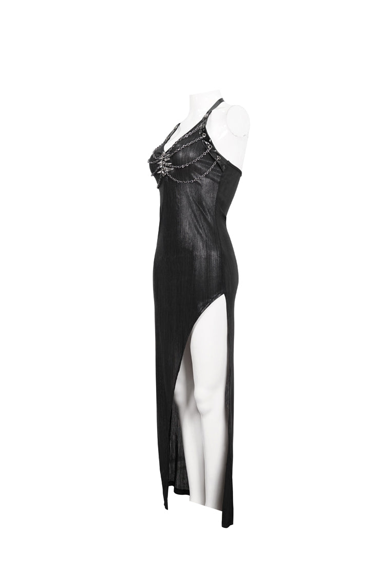 Punk Dress with Cutout Chain Halter Lace High Slit Long