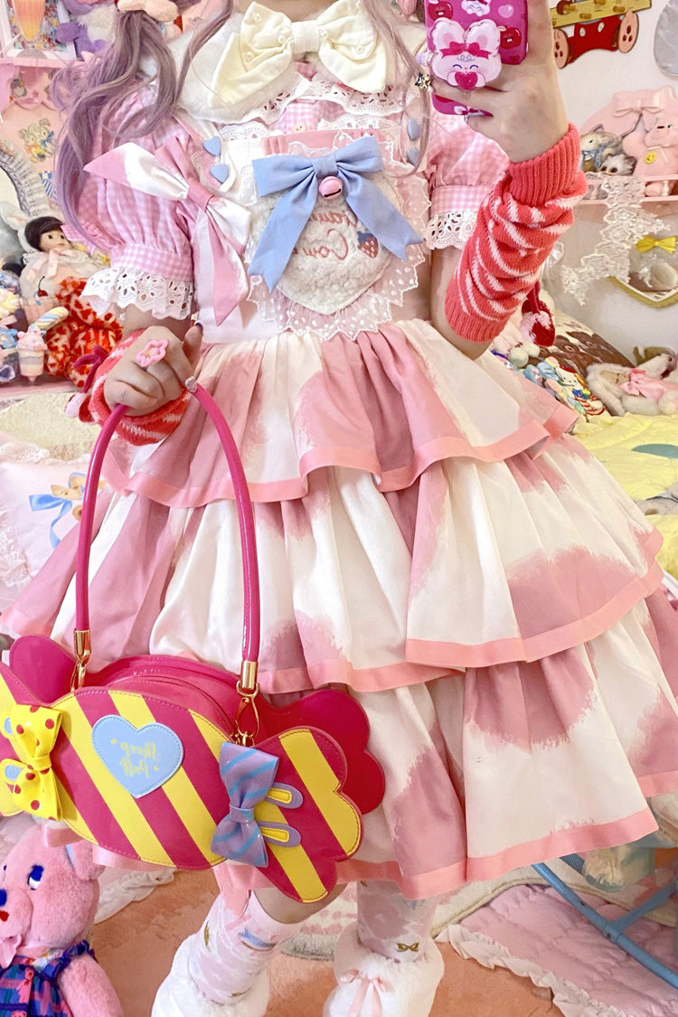 Pink Sleeveless Cow-Print Triple-Layer Ruffle Bow Sweet JSK Dress