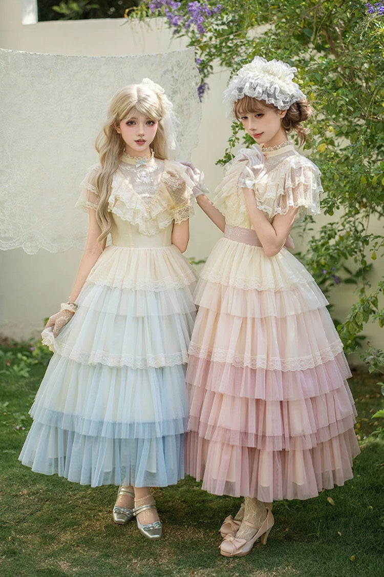 Sweet Lolita Dress with Edwardian Collar and Ombre Ruffles - Blue