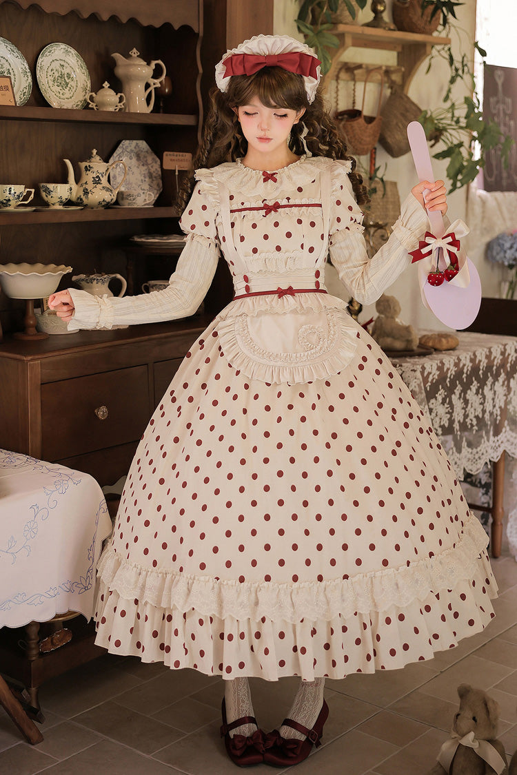 Apricot Sweet Elegant Lolita Dress with Cotton Round Collar Long Lantern Sleeves Polka Dot Print Ruffled Bow Lace