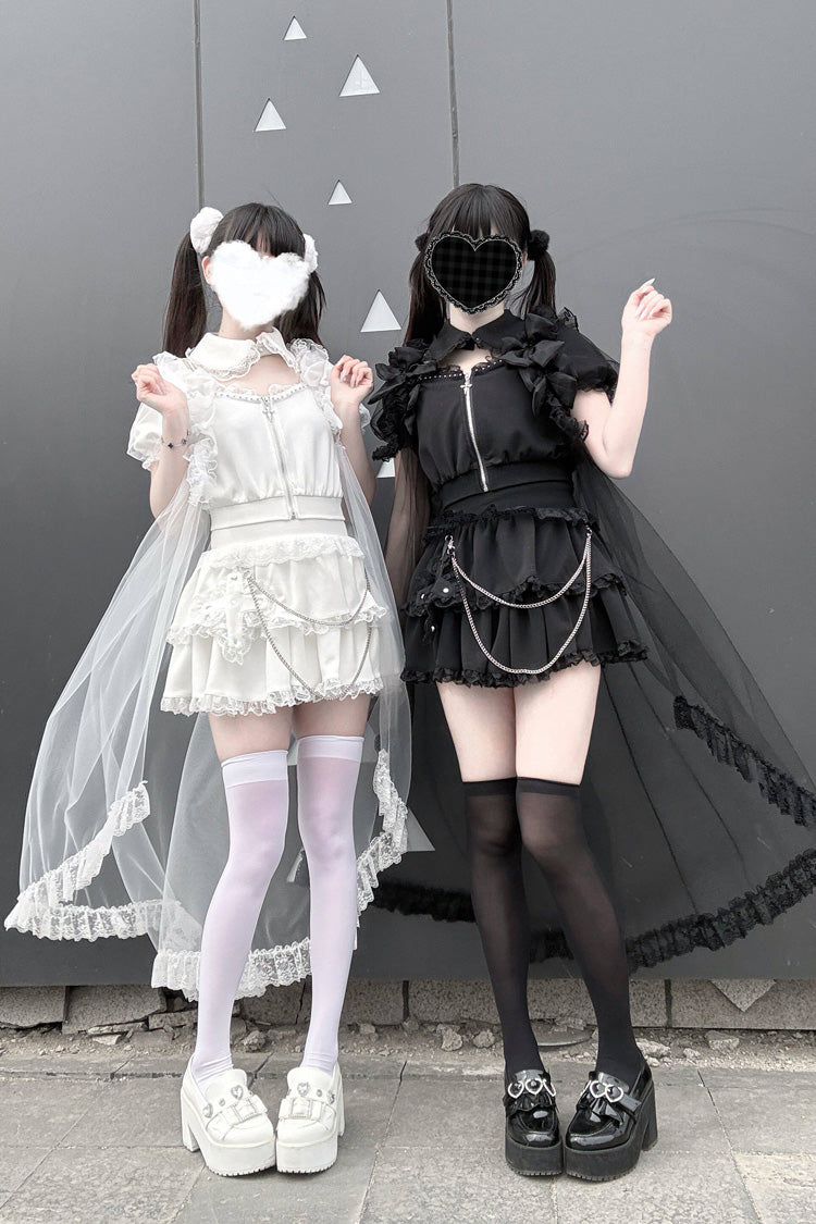Gothic Layered Lace Zip Chain Skirt Set with Short Sleeves - Song of Atonement