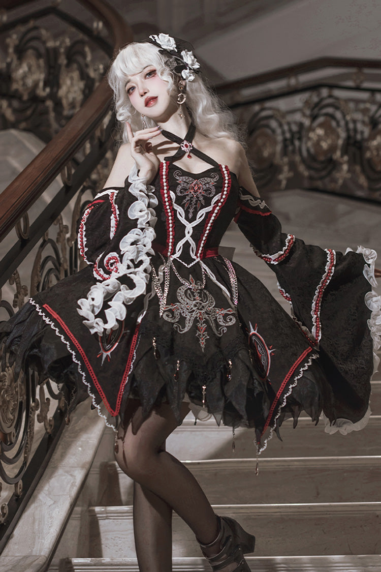 Black Off-Shoulder Long Hime Sleeve Embroidery Gothic Dress