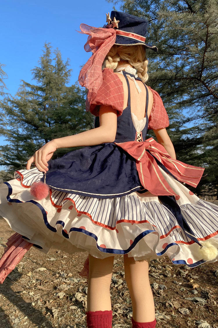 Multicolor Circus Print Puff-Sleeved Lolita Dress with Bow Accents