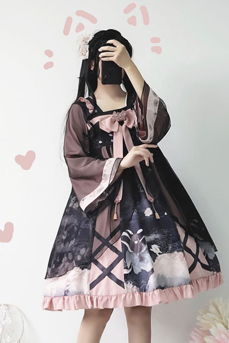 Black/Pink Chinese Style Sweet Lolita OP Dress Long Sleeves Bow - Altfashion Shop