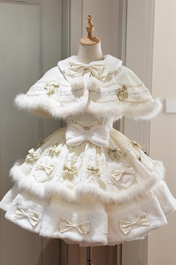 Apricot Princess Tiered Lolita Dress with Double-Layer Bowknot Lace and Cape Detail