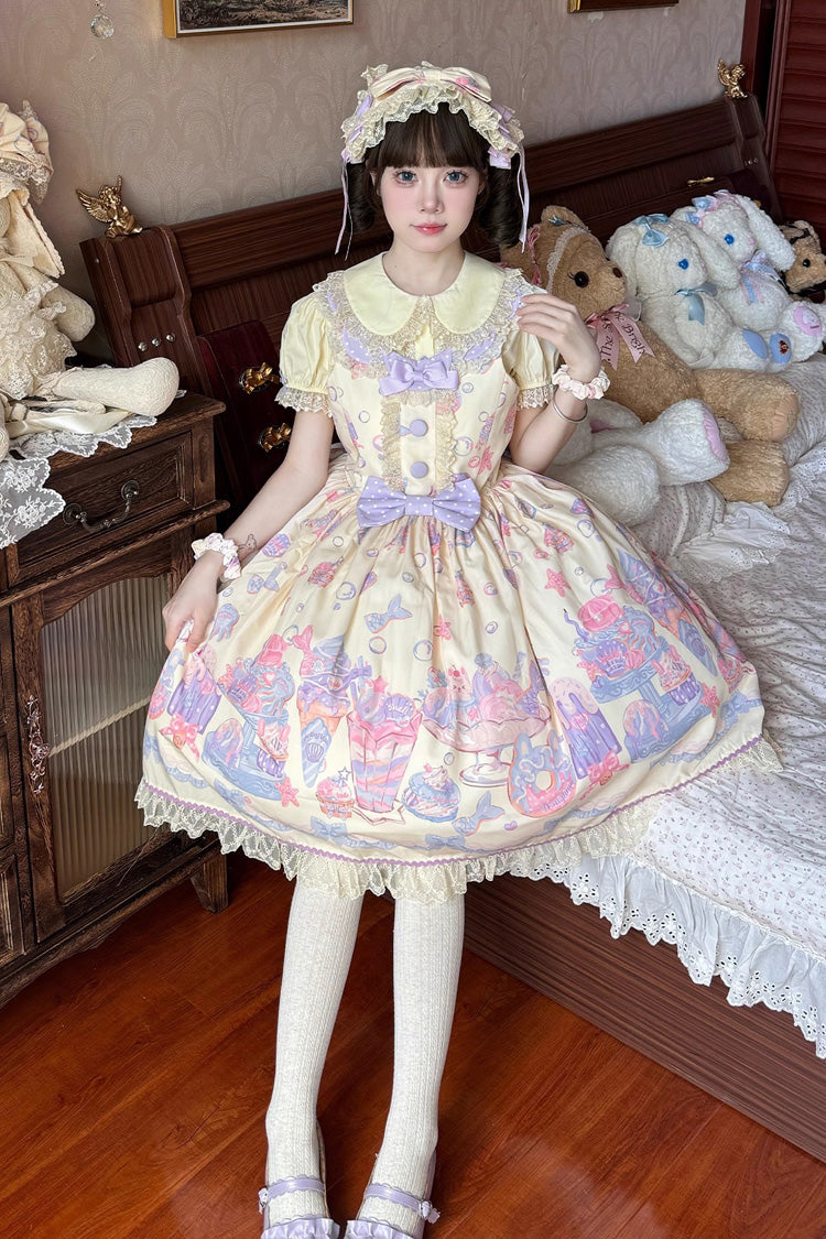 Cream Soda Mermaid Print Yellow Bow Lace Sweet Lolita Jsk Dress