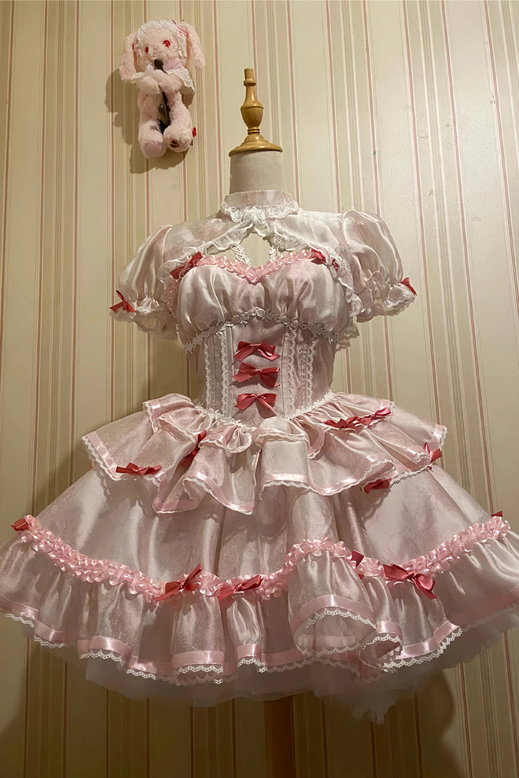 White & Pink Multi-Layer Ruffled Ballet Bow Sweet Lolita JSK Dress