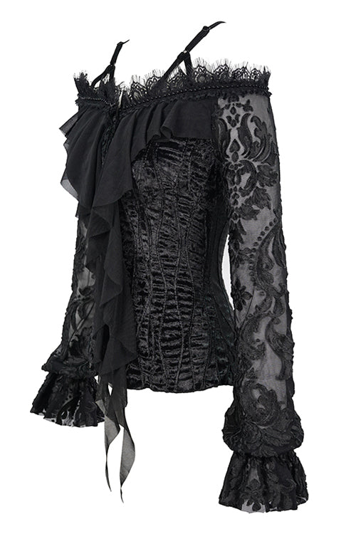 Velvet Sexy Gothic Blouse for Women with Lace Sleeves