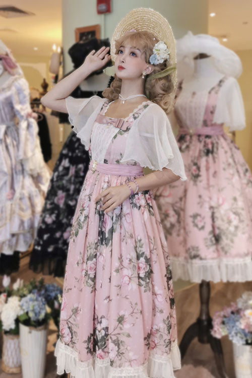 Rose-Printed Square-Collar Ruffled Vintage OP Gown in Pink