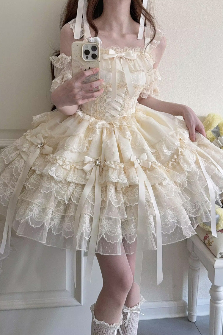 Apricot Princess Ballet Lolita JSK Dress with Multi-Layer Ruffles Bowknot Lace-Up Design