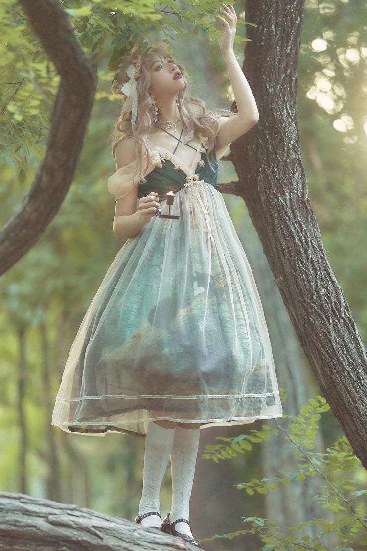 Green V-Neck Morning in Pine Forest Printed Sweet Lolita Jumper Dress