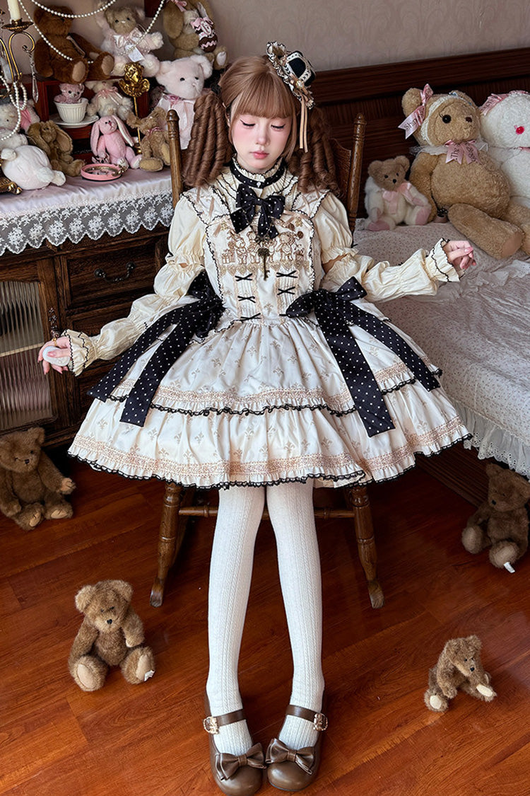 Cream Bear Holiday Sleeveless Double-Layer Embroidery Bow Frilled Sweet Lolita JSK Dress