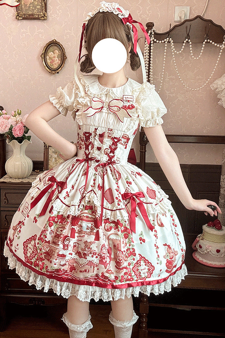 Strawberry Bear Print Sleeveless Lolita JSK with Lace