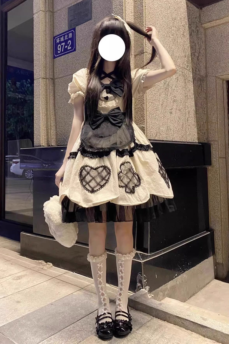 Ivory Puff-Sleeved Bow Trim Sweet Lolita Princess Dress