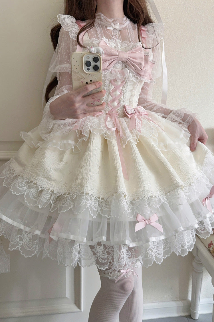 Apricot Sweet Ballet Lolita JSK Dress with Sleeveless Ruffles Bowknot Lace and Slim Fit