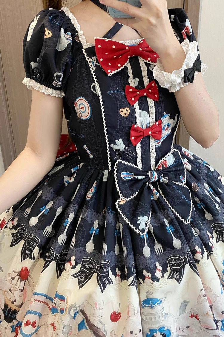 Sleeveless Print Ruffle Bowknot Lace Sweet Lolita Jsk Dress Black