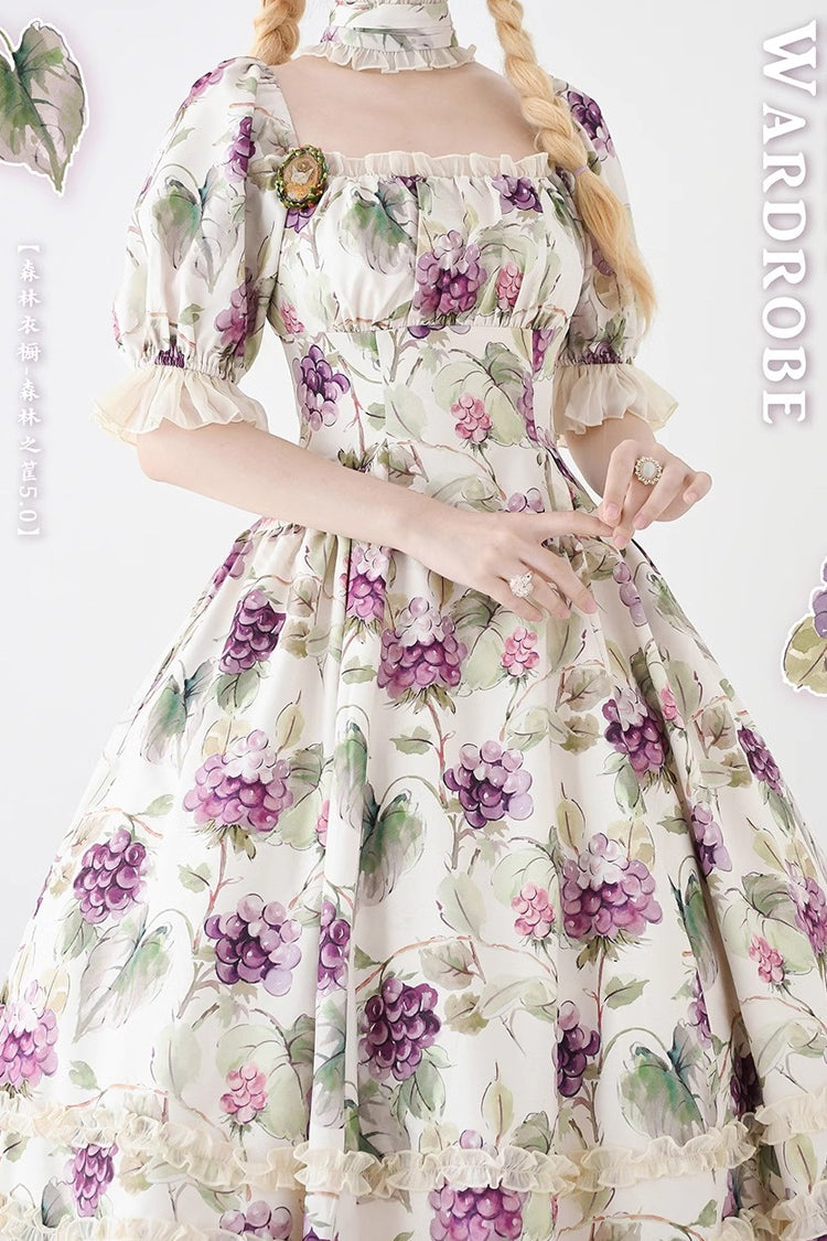 Forest Basket Printed Ruffled Lace Sweet Elegant Dress