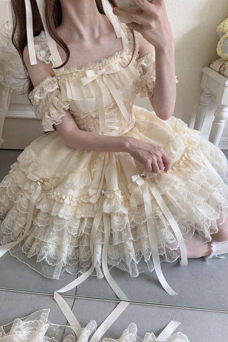Apricot Princess Ballet Lolita JSK Dress with Multi-Layer Ruffles Bowknot Lace-Up Design