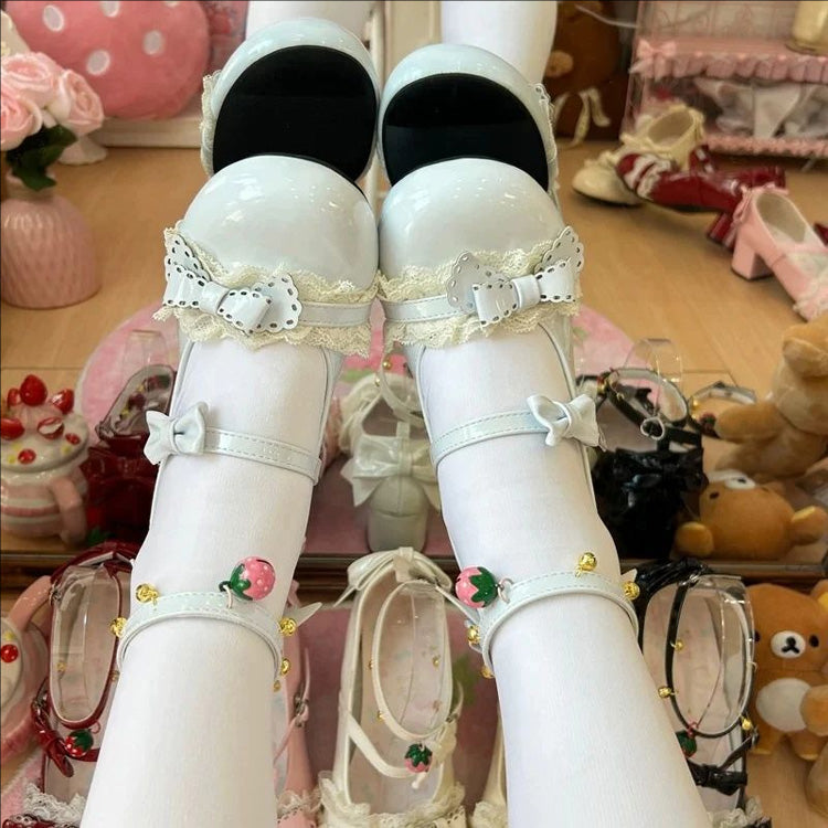 Lace Trim Bow Mary Janes with Ankle Bells - Mid Heel, 6 Tones