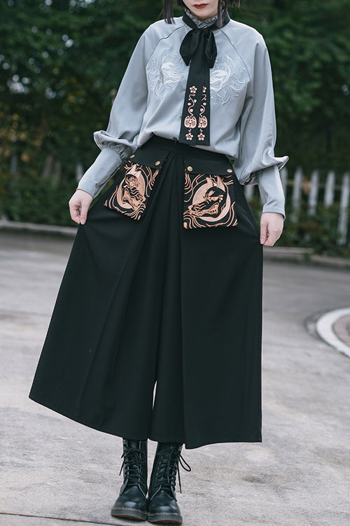 Demonic Embroidered Ouji Wide-Leg Trousers in Black