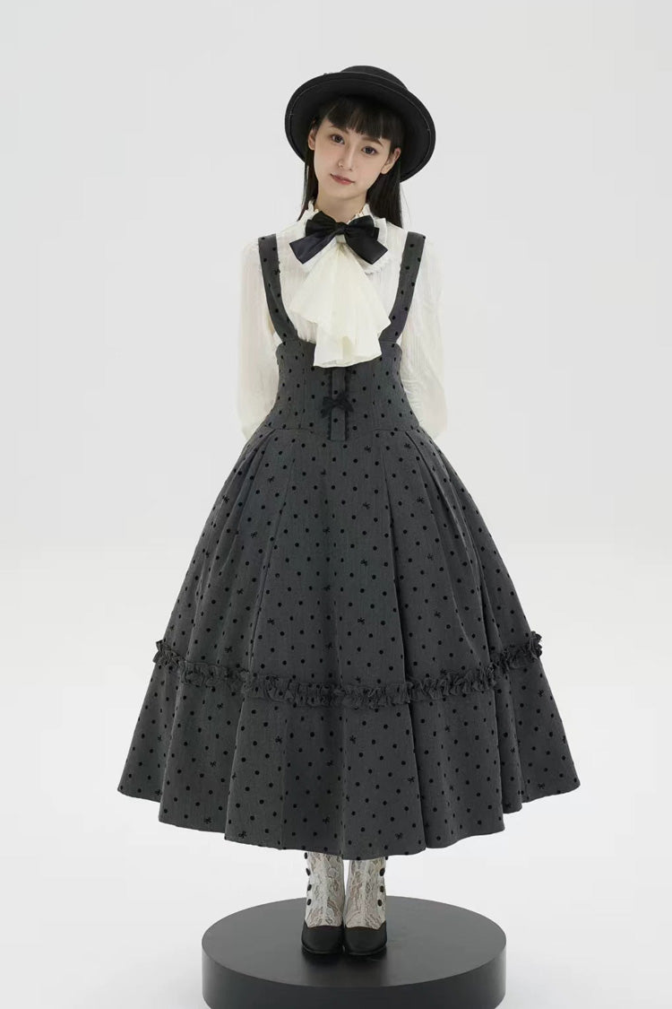 Polka-Dot Fishbone Classic Princess Strap Dress in Black