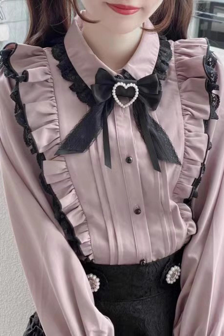 Pink Lace Bowknot Blouse with Doll Collar and Long Sleeves