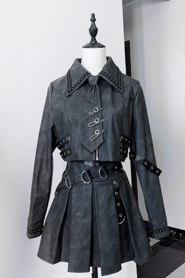 Eternal Night Lapel Collar Studded Eyelet Gothic Handsome Top Skirt Set