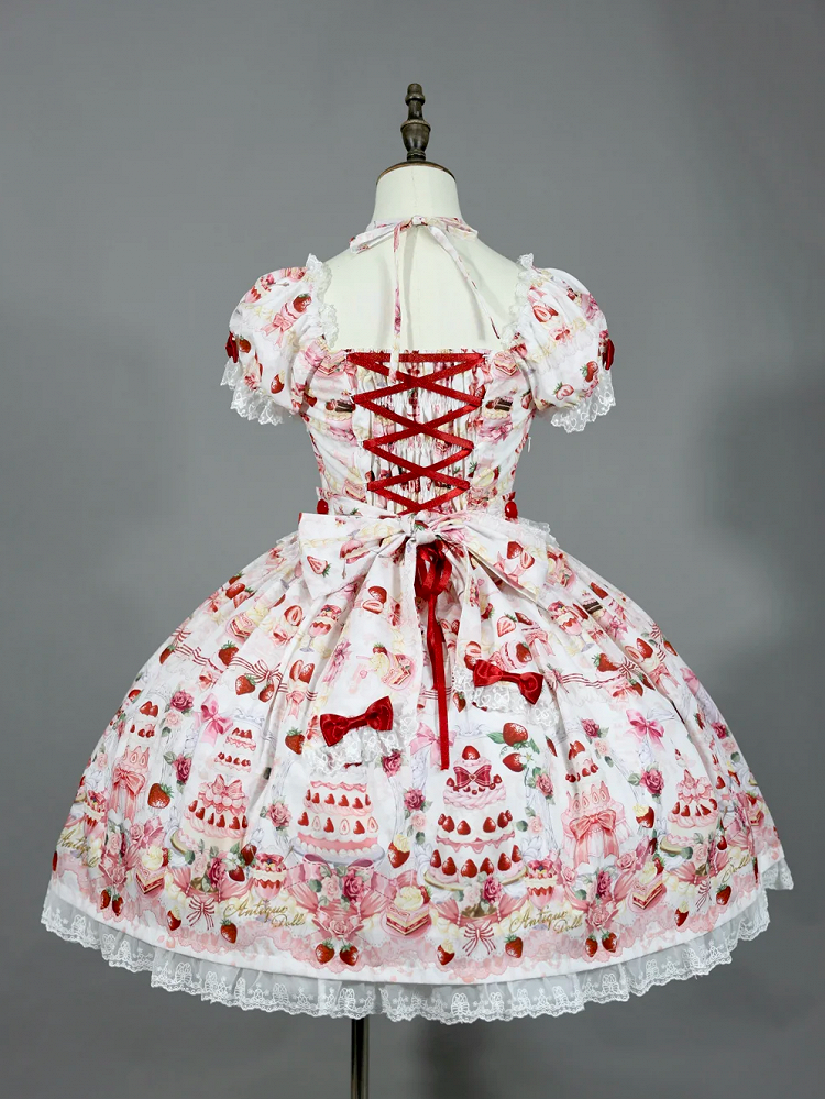 Print Set Dress Full Lolita Bow / Sweet Accents Cake Strawberry White