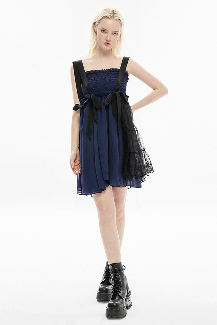 Blue Strap Big Bow Streamer Stitching Lace Suspender Gothic Dress