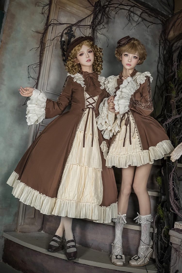 Brown Beige Nutcracker Stand Collar Long Trumpet Sleeves Ruffle Cardigan Lace-Up Sweet Lolita Dress Set