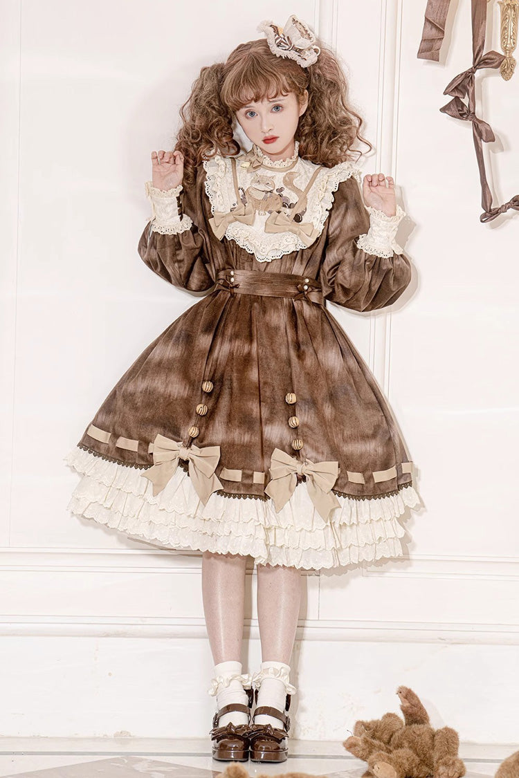 Chocolate Cat Print Long Sleeve Ruffle Bow Sweet Dress
