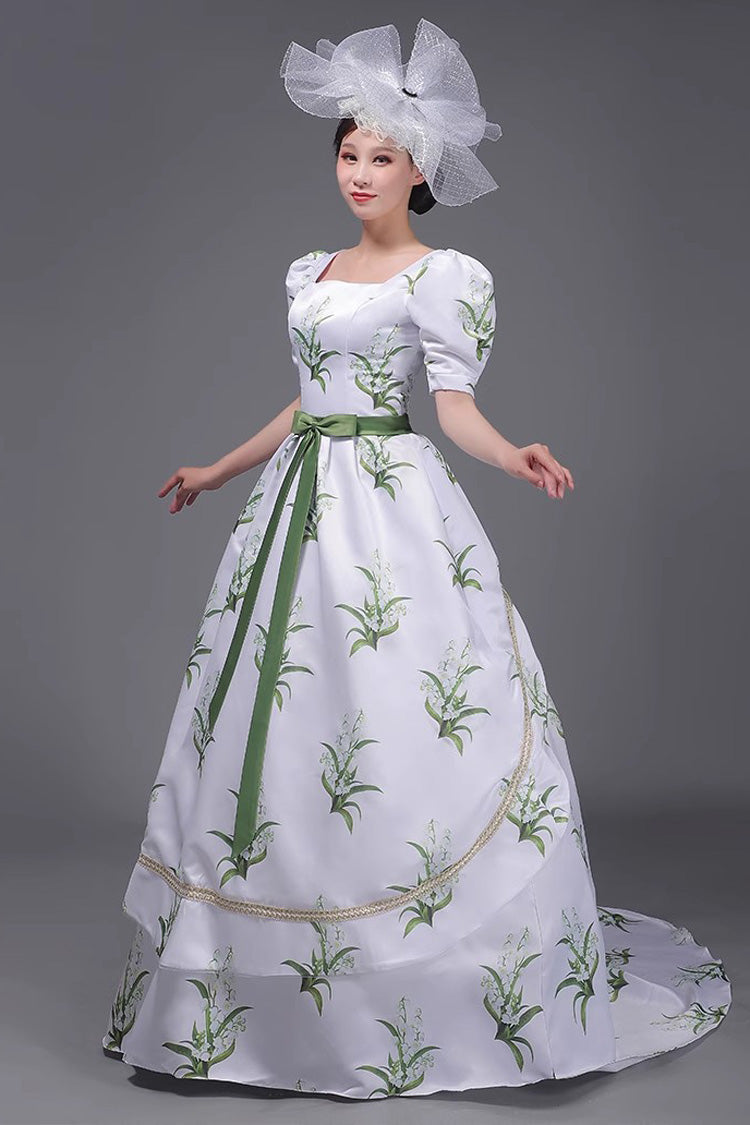 White Green Printed Victorian Dress - Sweet Vintage Court