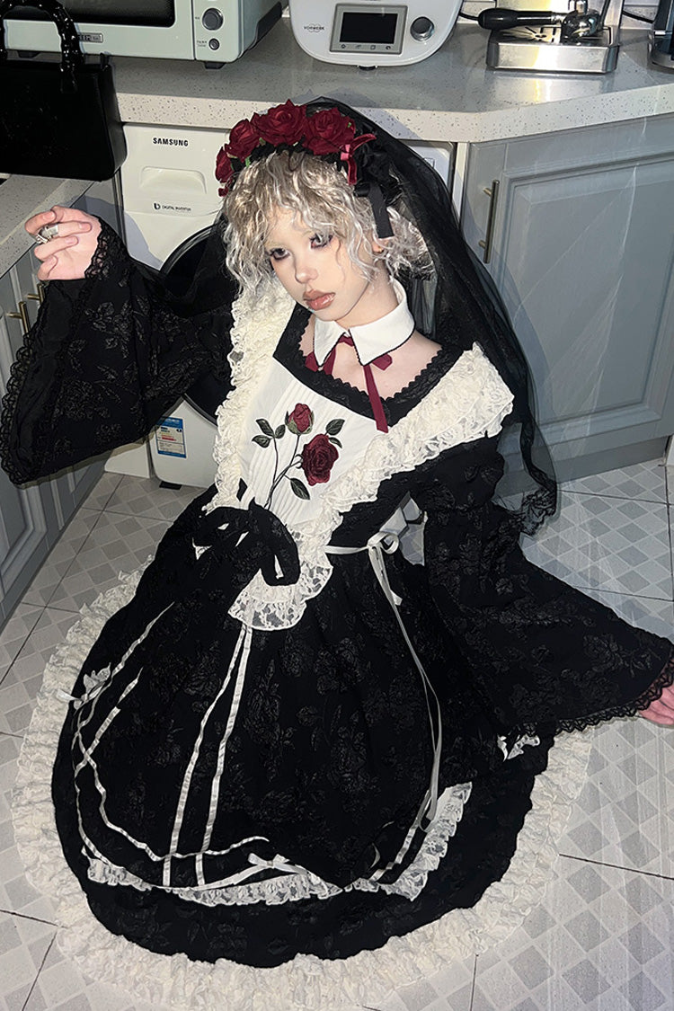 Black Double-Layered Ruffled Embroidered Bow Lace Gothic Nun Dress - Rose Choir