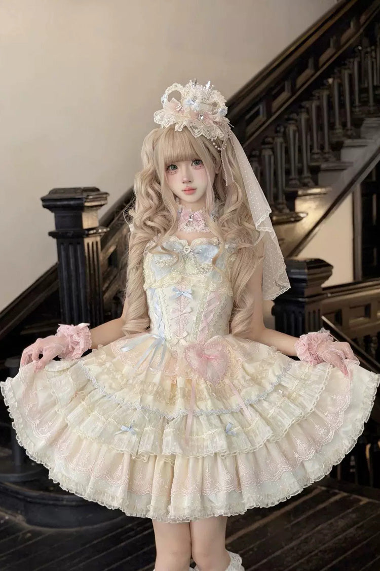 Sweet Lolita JSK Dress with Square Collar and Ruffled Bow - Apricot/Pink