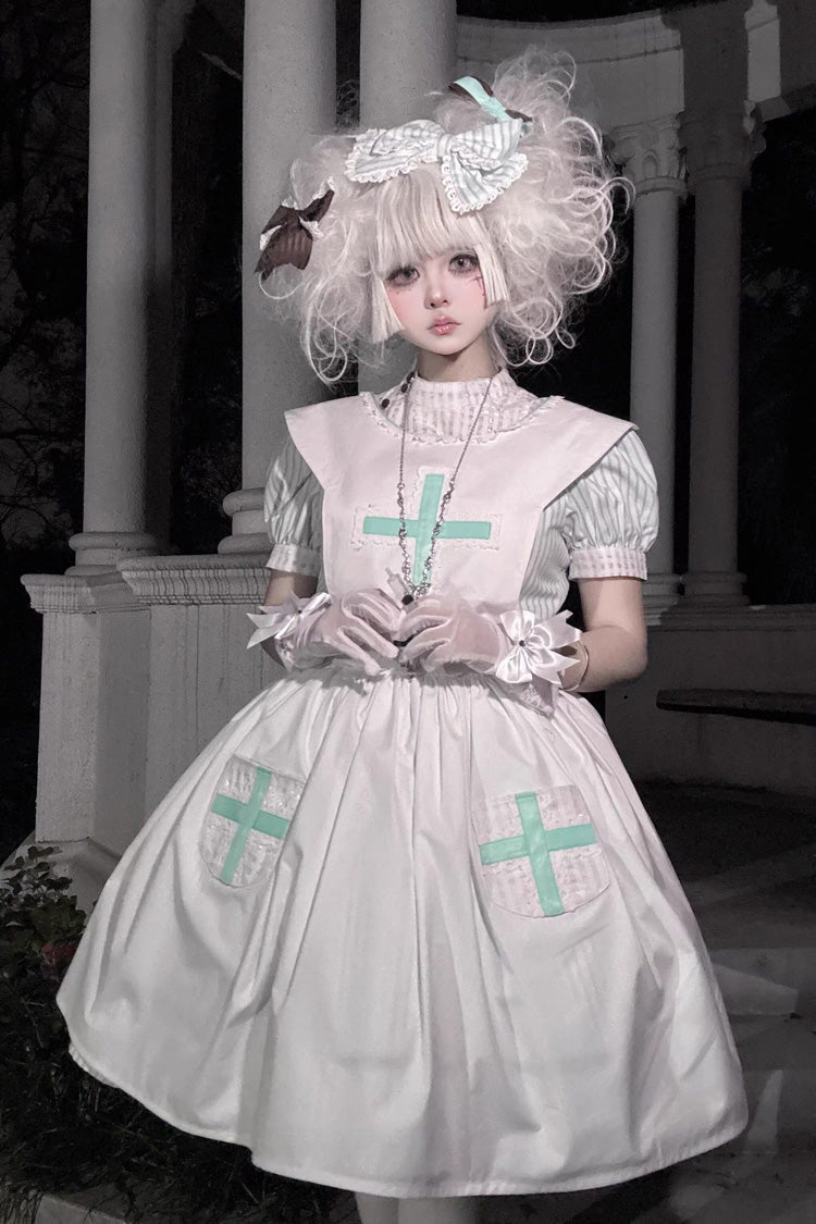 Green Striped Bow Nurse Lolita Stand-Collar