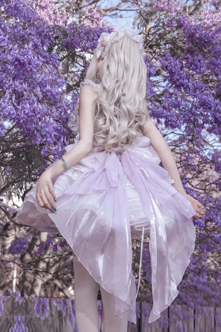 Crystal Isle Violet Square Collar Sleeveless Jacquard Ruffled Bow Balletcore Tiered Lolita Dress - Crystal Isle