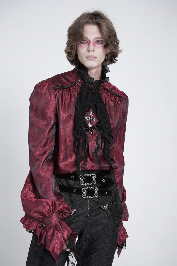 Crimson Puff Sleeve Men's Gothic Shirt with Lace Tie