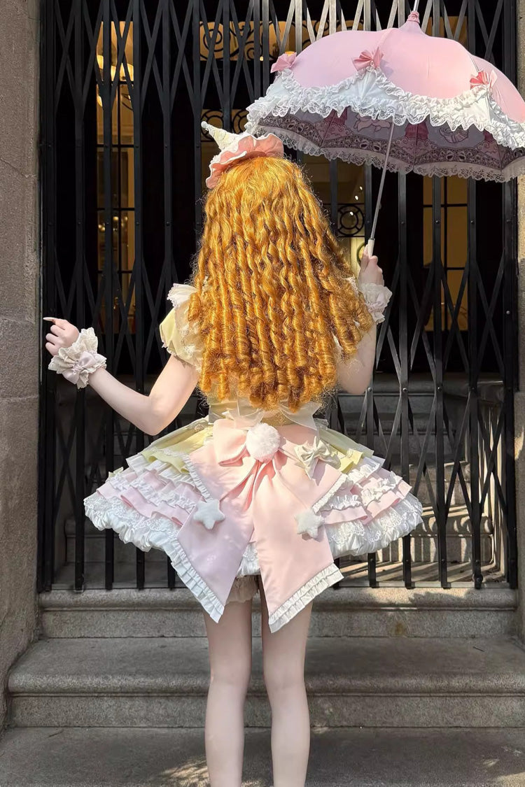 Yellow Pink Short Sleeve Multi-Layered Ruffle Bowknot Sweet Dress