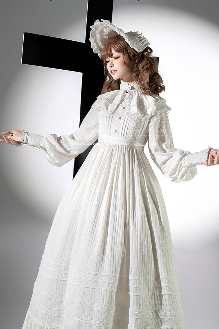 Ivory Long Sleeve Jacquard Gothic Dress with Bows - Quiet Place