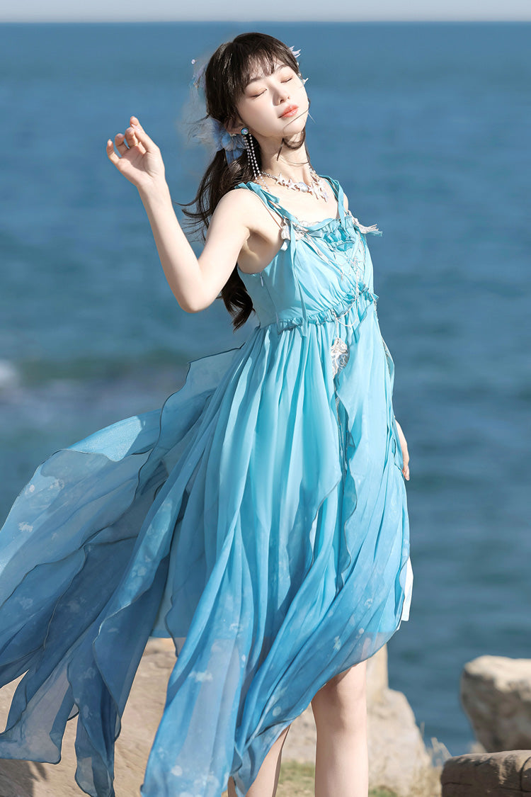 Gradient Print Irregular Hooded Sweet Lolita Jumper Dress Cloak Set - Blue