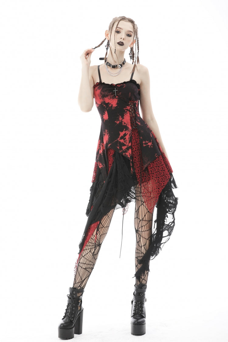 Crimson & Noir Tie-Dye Patchwork Punk Slip Dress with Irregular Hem