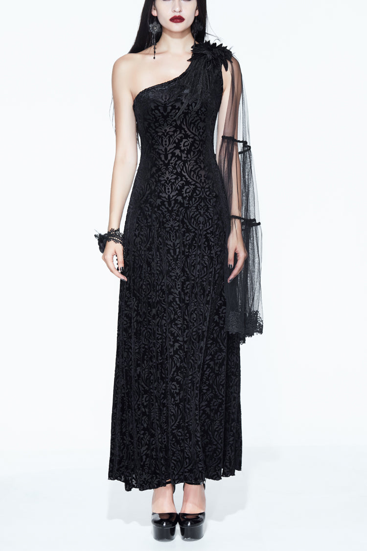 Feather Lace Velvet Gothic Dress with One Shoulder