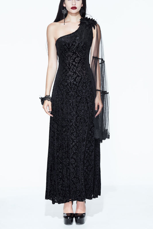 Feather Lace Velvet Gothic Dress with One Shoulder