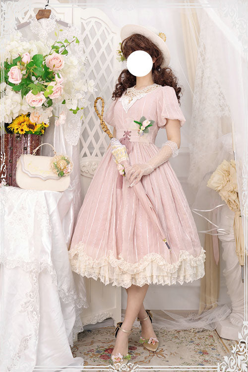 Pink Square-Collar Short-Sleeve Ruffled Vintage Lolita OP Dress
