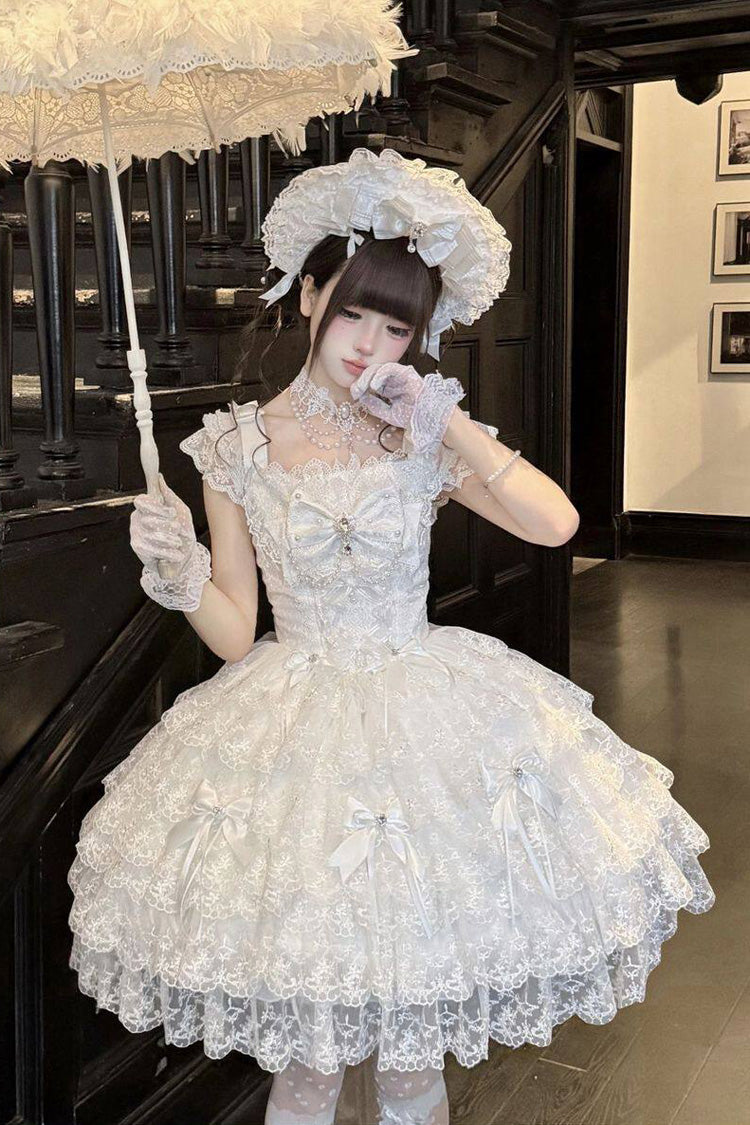 Ivory Square Collar Sleeveless Multi Bow Lace Pearl Gothic JSK
