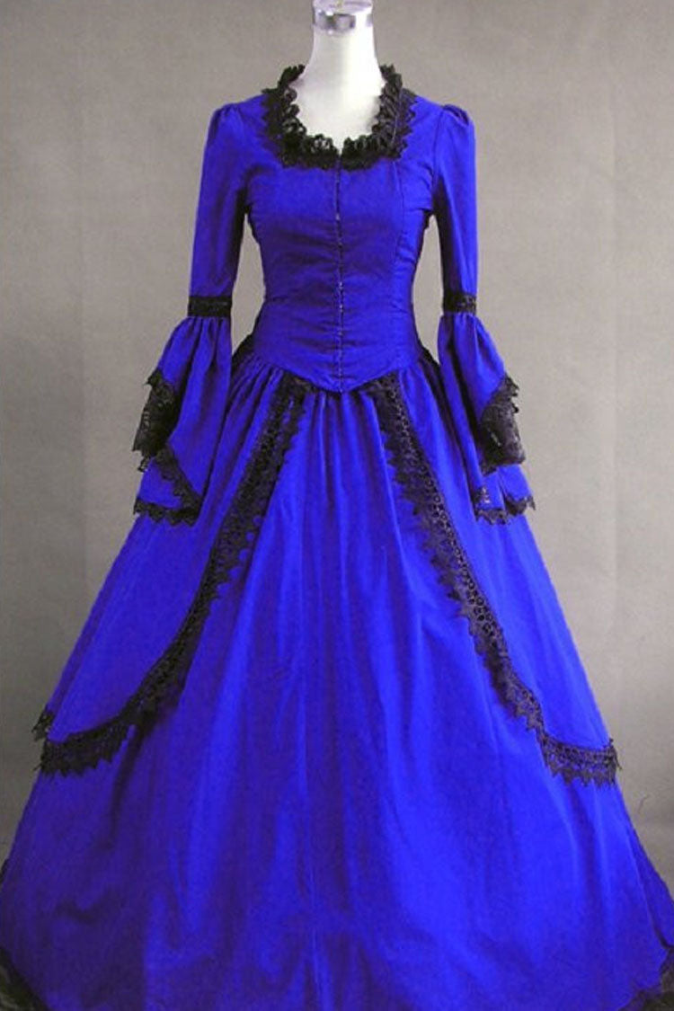 Dark Blue Cotton Gothic Lolita Dress Square Collar Long Sleeves Pleated - Altfashion Shop