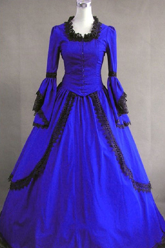 Dark Blue Cotton Gothic Lolita Dress Square Collar Long Sleeves Pleated - Altfashion Shop